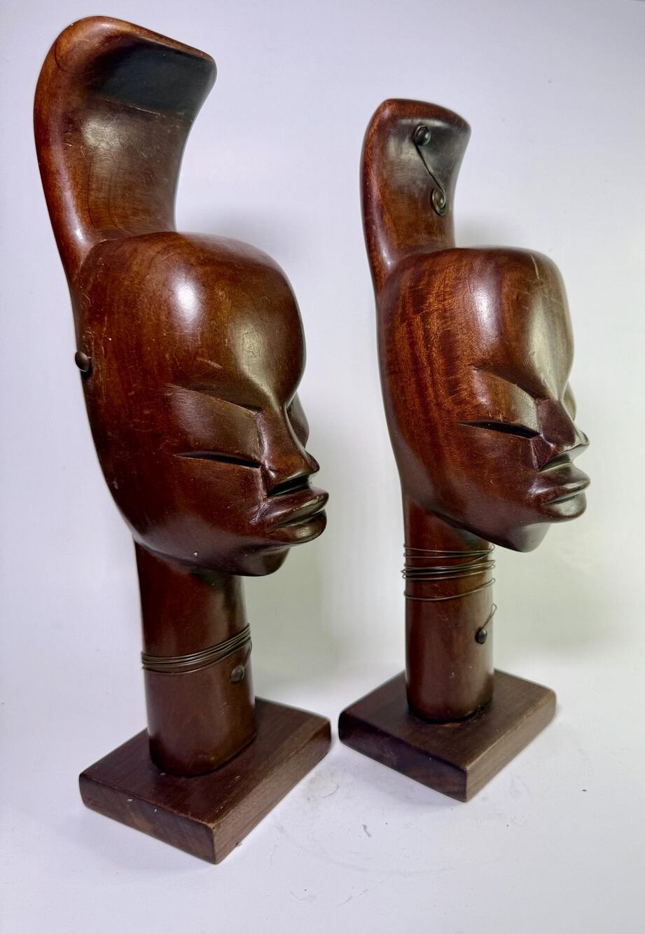 Vintage Carved Wood Busts | Mid-Century Modern Tribal Sculptures